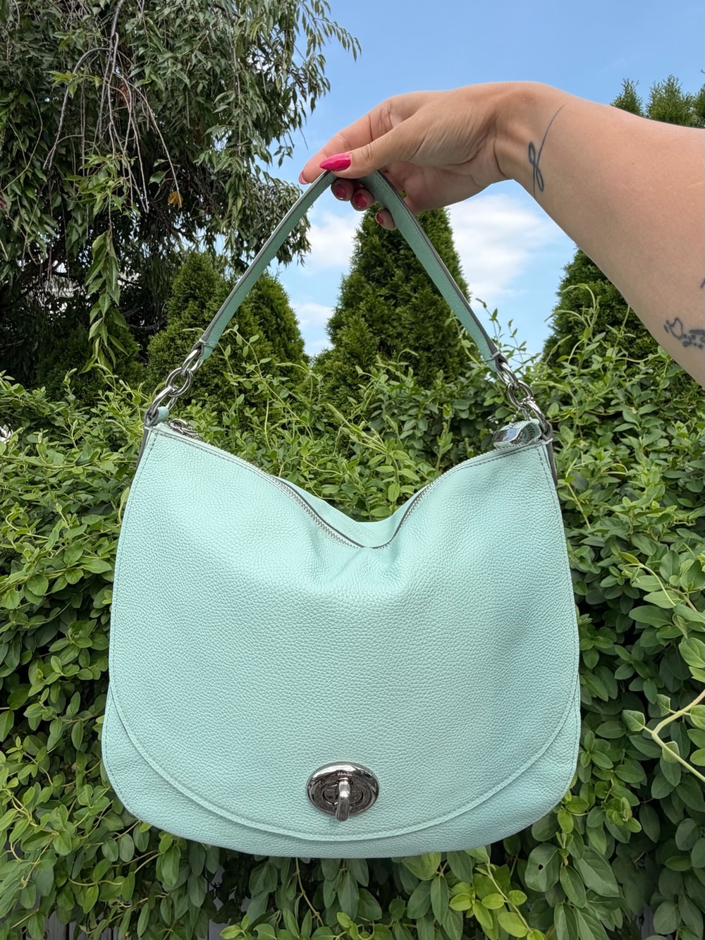 Coach Mint Green Pebbled Leather Shoulder Bag with Silver Hardware
